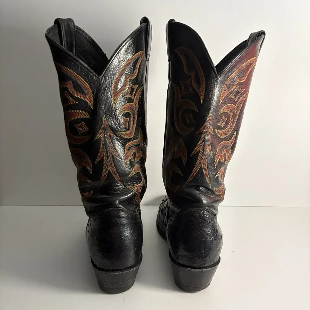 JUSTIN 8933 USA Men's Sz 10D Exotic Western Boots Black Full Quill Ostrich Foot